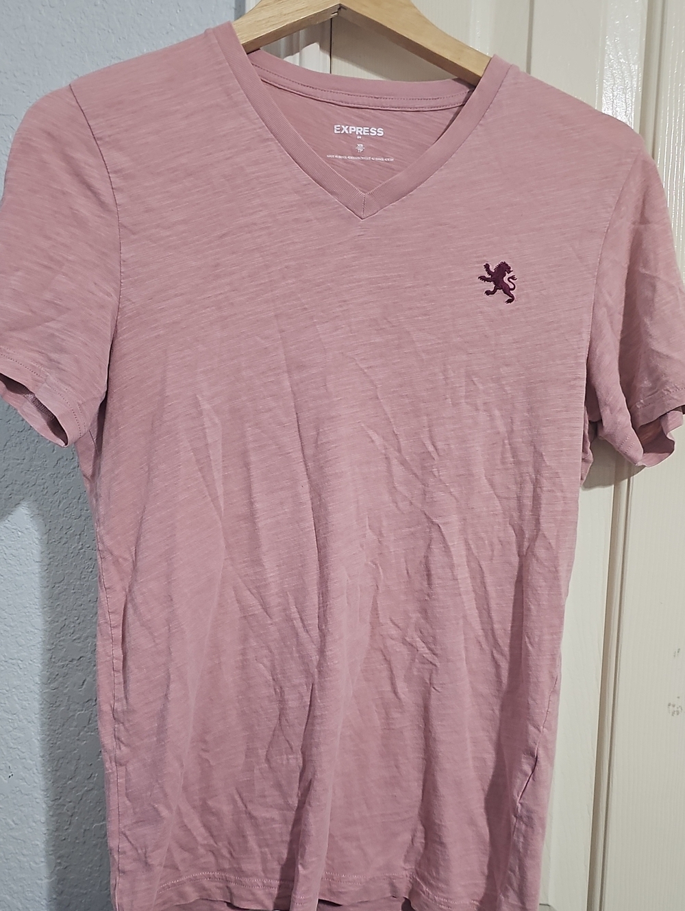 Express Men’s V-Neck Tee in Light Dusty Pink with Burgundy Logo
